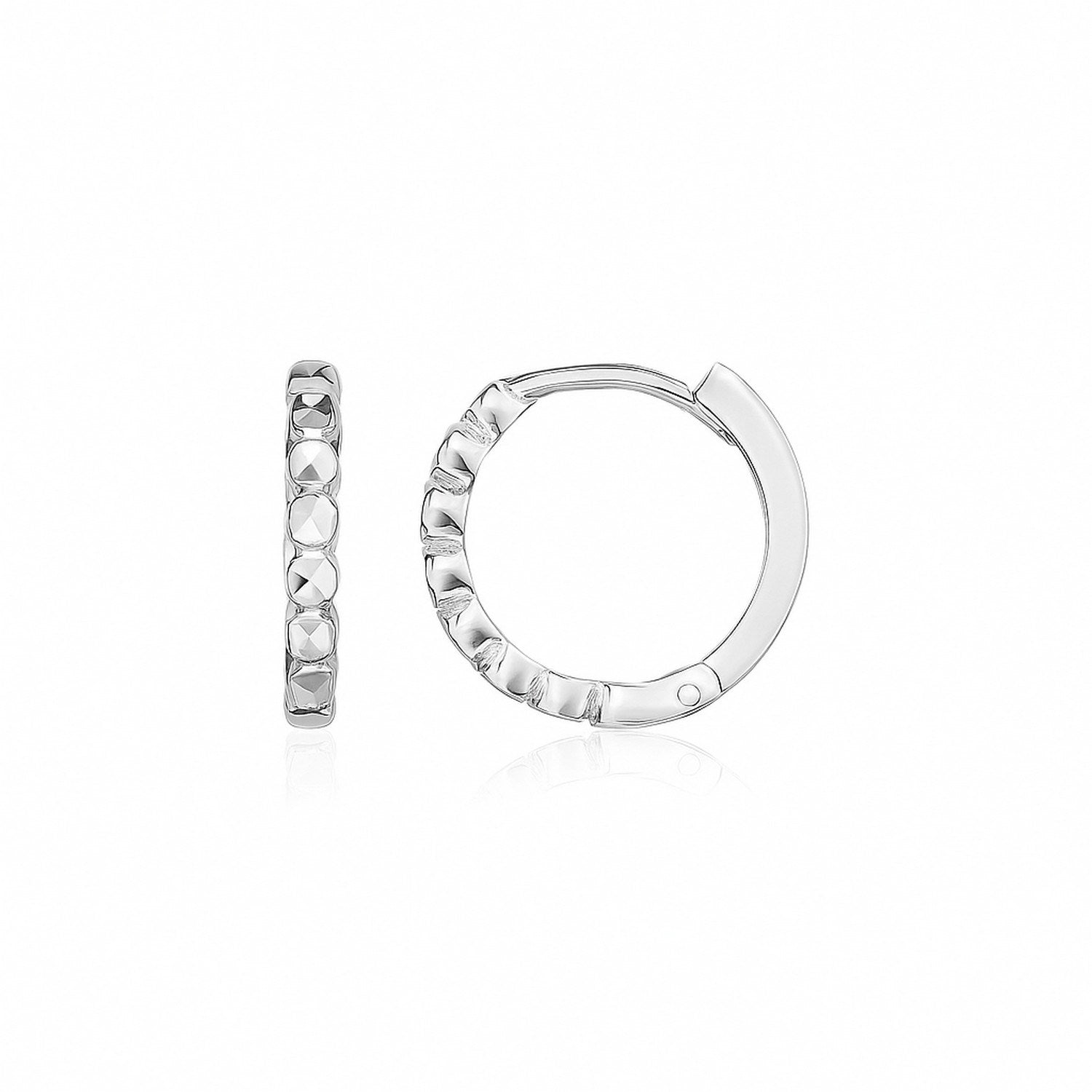 14k White Gold Petite Textured Round Hoop Earrings in a sleek high-contrast midnight luxury editorial style